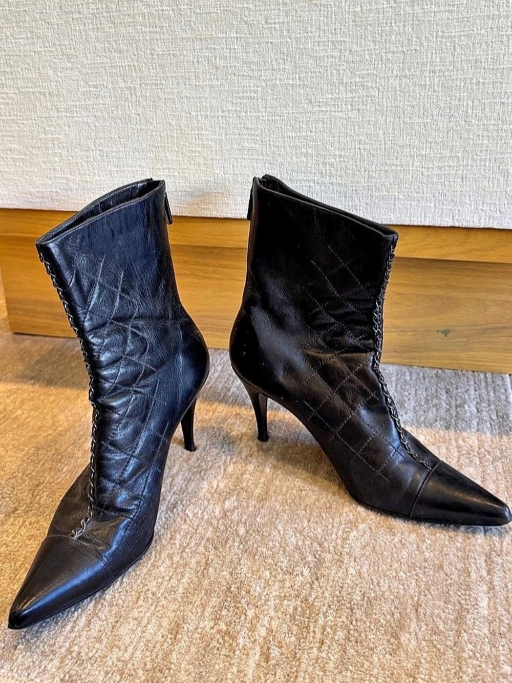 Chanel Black Quilted Leather Pointed-Toe Heeled Boots with Silver Chain Detail - Picture 2 of 16